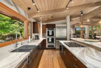 Updated quartz kitchen with walk-in pantry, raised breakfast bar and high end Thermador appliances