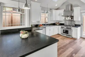 Open kitchen with ample storage and top grade appliances