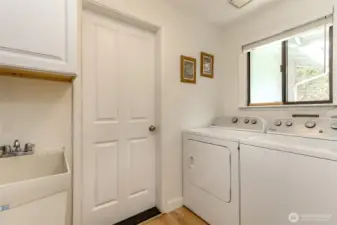 Utility room with deep basin utility sink. The door leads to the two car garage.