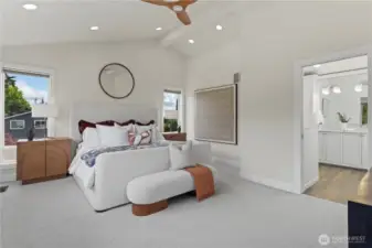Primary bedroom and bathroom encompass the entire second floor in the home. This is a beautiful addition above the bonus room that was added when it was remodeled some time ago. Great morning sunshine in this room and afternoon southerly light.