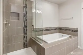 Gorgeous tile surrounds the shower and soaking tub
