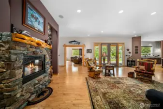 One of several fireplaces, inside and outside.