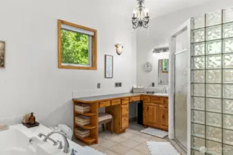 Primary has two bathrooms, offering "his and hers" usability.