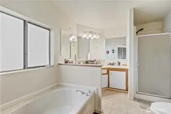 Primary En Suite 5-Piece Bath w/Soaking Tub, Separate Shower, Double Sink Vanity.