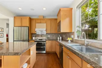 Fully functional kitchen with east-facing window and a gas cooking range.