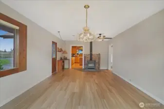 Family room with a wood stove