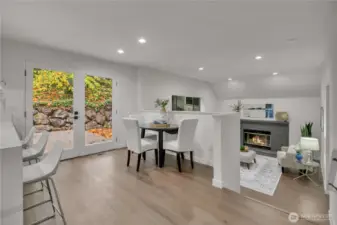 Nook area in front of French doors overlooking backyard.