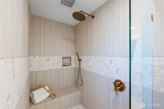 Curb-less shower with built-in bench
