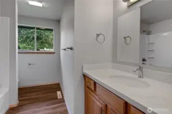 Main bath. New bath, surround toilet, counters and faucets