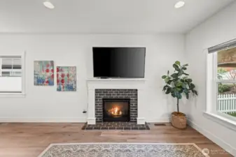 Brick surround propane fireplace brings warmth and ambiance