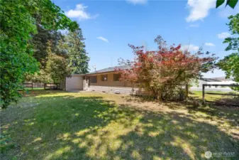 Backyard with patio accessible via breezeway.
