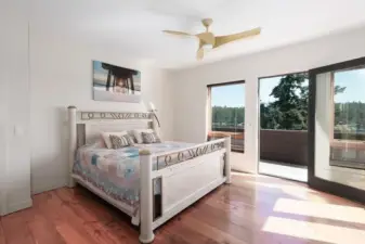 Guest bedroom in main house has an exit to outdoor deck area.