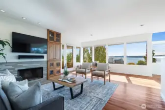 Built-In Cabinets, TV & Sound Bar, Stone Tiled Fireplace
