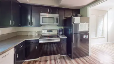 Good size kitchen with plenty of cabinet and counter space, stainless appliances, garden window, large pantry closet, access to the backyard and more!