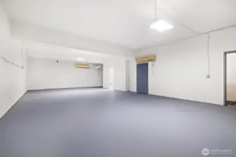 Extra large workshop space on lower level including bathroom with shower.