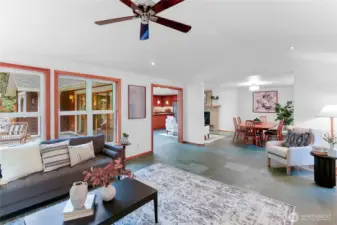 Large living room flows off dining room.