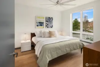 Primary suite with a recently installed ceiling fan.