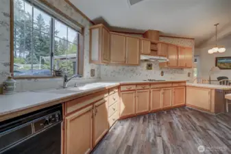 This open kitchen is large enough for several people all cooking, serving, and socializing together.
