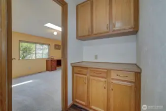Cabinets and counter for linens and supplies conveniently close to the two guest bedrooms.