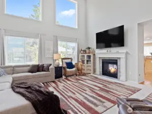 Living room with double sided fireplace