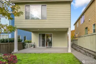 Covered backyard patio and garden space, fenced.