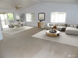 Virtually staged open concept living area.