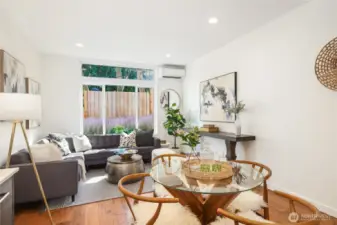 Entry level open concept living, dining, kitchen.