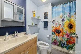 Guest Bathroom with new paint, flooring and storage!
