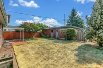 Backyard View _ Detached Two Car Garage & Shop