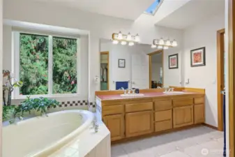 Primary ba. Double sinks -Soaker tub - Tile floors - skylight