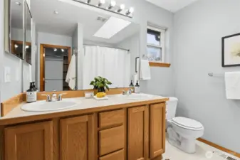 Double sink vanity in primary bathroom and a large walk-in closet with custom shelving.