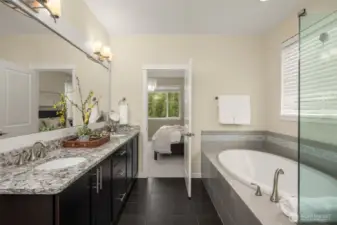 Notice primary bath comes with double vanity, soaking tub and shower