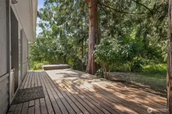 Large back deck overlooking the peaceful backyard. Hot tub!!