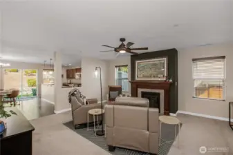 open Living Room with gas fireplace