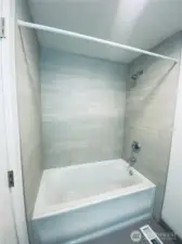 Over-sized shower-tub combo in hall bathroom.