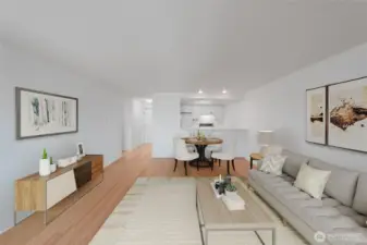 Virtual staging to show one of the possible furniture layouts in Living and Dining area.