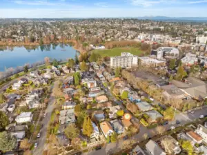 aerial photo looking north. Green Lake is just a couple of blocks away! Green Lake celebrated for its walkability. Whether you're strolling to the lake, visiting local shops, or enjoying the plethora of dining options, everything you need is within easy reach. Plus with Amazon, UW, downtown and 520 only minutes away, the best of Seattle is at your doorstep.