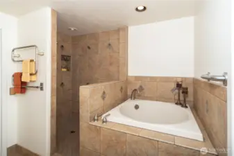 Japanese Soaking Tub, heated towel bar and Separate Shower in Primary Ensuite