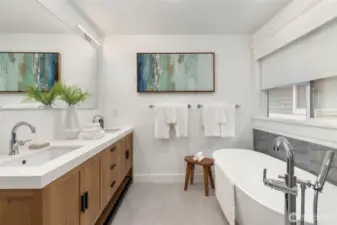 Relaxing primary bathroom with soaking tub and shower.