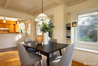 Built in benches in the dining room conceal lots of storage.