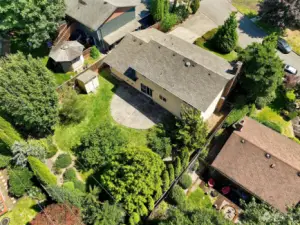 Aerial view. Lots of greenery.