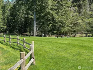 Picnic tables for using that overlook the Olympic Mountains and the Hood Canal.