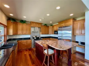 Granite countertops and stainless steel appliances complete the gourmet kitchen.
