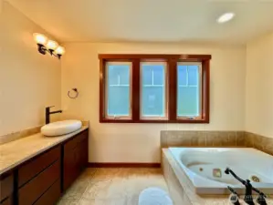 Double sinks, jetted tub and shower complete the 5-piece ensuite.