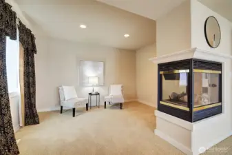 Fireplace can be seen from bed or sitting area in the primary bedroom.