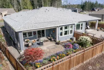 Backyard presents Japanese maple, hydrangea trees (and hydrangea shrubs too). Tons of lavender and more, to fill the air with fragrance and your surroundings with easy-maintenance perennials.