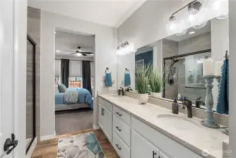 Oil-rubbed bronze hardware (sink fixtures, cabinet and drawer pulls, door handles and more) provide quality and just-right contrast to this bright white and natural wood toned decor throughout. REMINDER: nice bright bedroom comes stocked with blinds, sheers and black-out curtains, too.