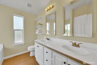 Spacious primary bath with dual sinks and clean finishes.