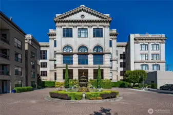 The South Fountain Courtyard Entrance of the Queen Anne High School Condominium-a Seattle classic.