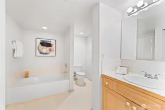 Primary bath with walk-in shower and soaking tub